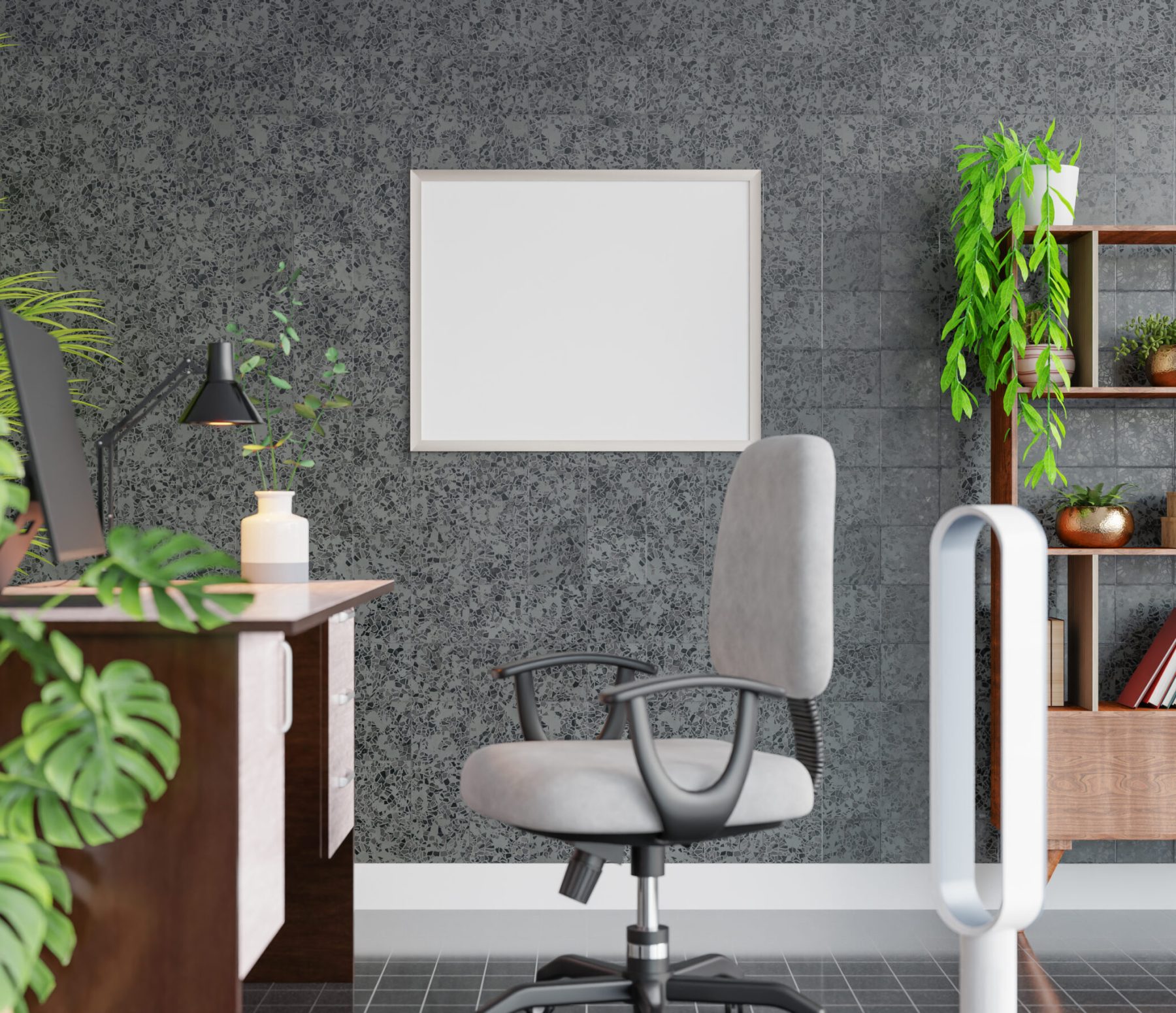 3D illustration mockup blank board with frame on the wall in working area in house, scandinavian style interior with cozy furniture and plant in natural decoration, rendering